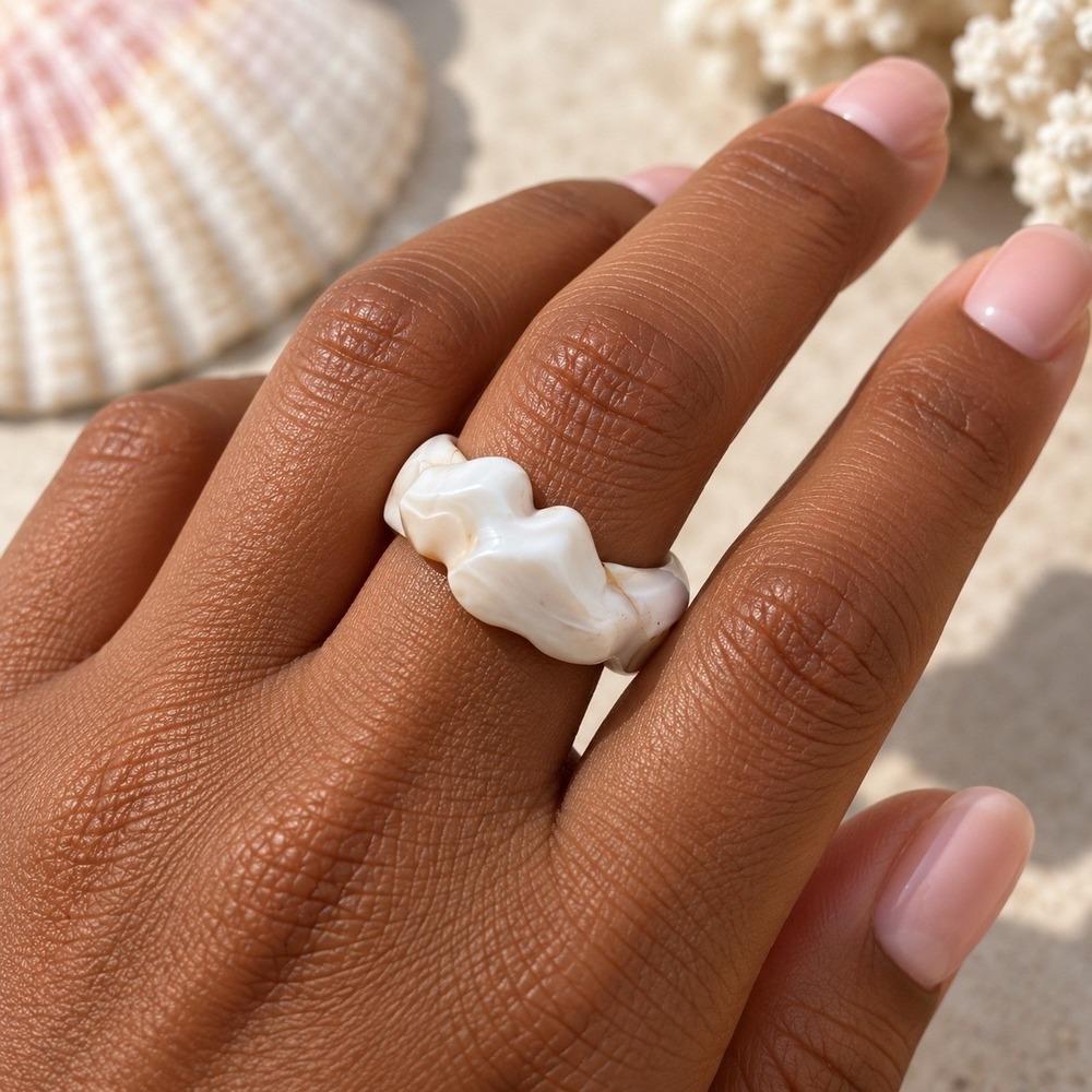 Hand Carved Natural White Sea Shell Heart Ring Boho Beach Mermaidcore Band